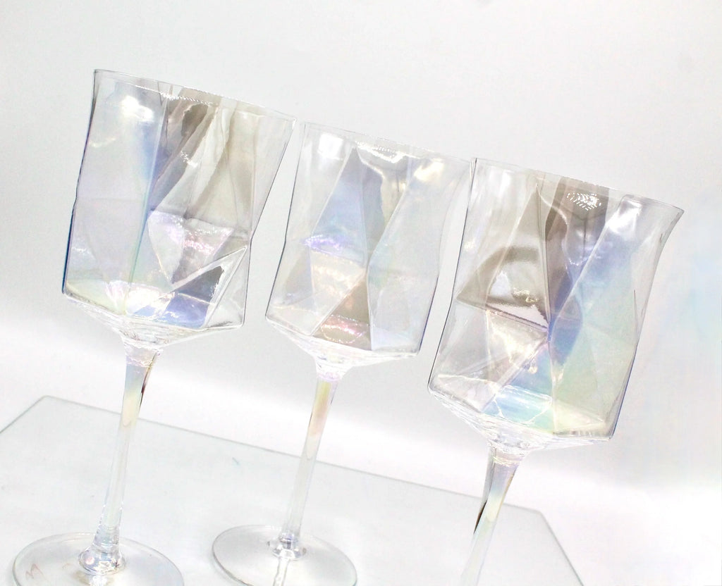 Iridescent Geometric Crystal Wine Glasses Set of 2- Modern Stemware for Elegant Table Decor