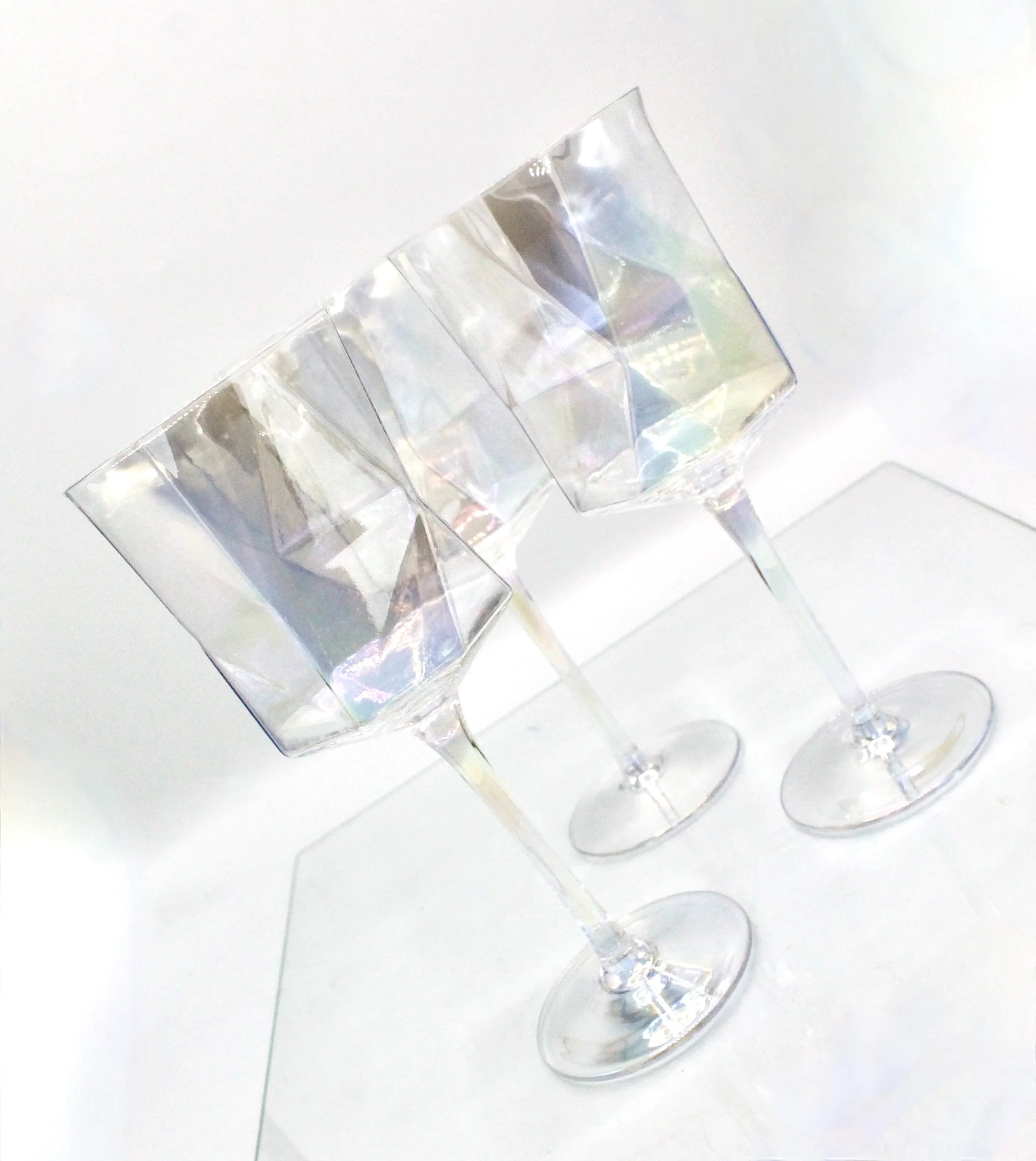 Iridescent Geometric Crystal Wine Glasses Set of 2- Modern Stemware for Elegant Table Decor