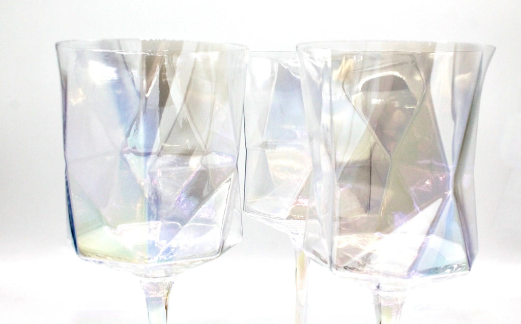 Iridescent Geometric Crystal Wine Glasses Set of 2- Modern Stemware for Elegant Table Decor