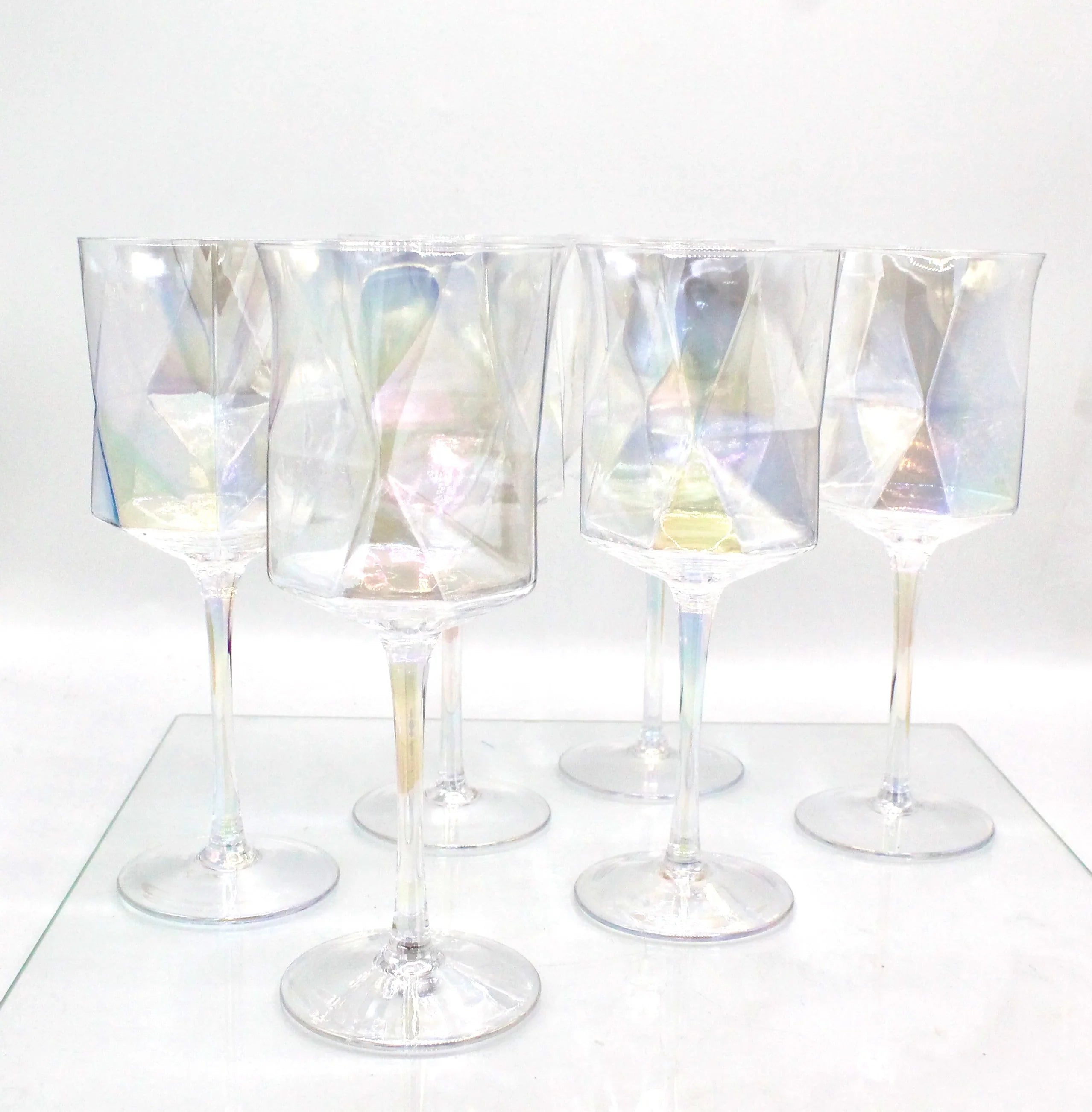 Iridescent Geometric Crystal Wine Glasses Set of 2- Modern Stemware for Elegant Table Decor