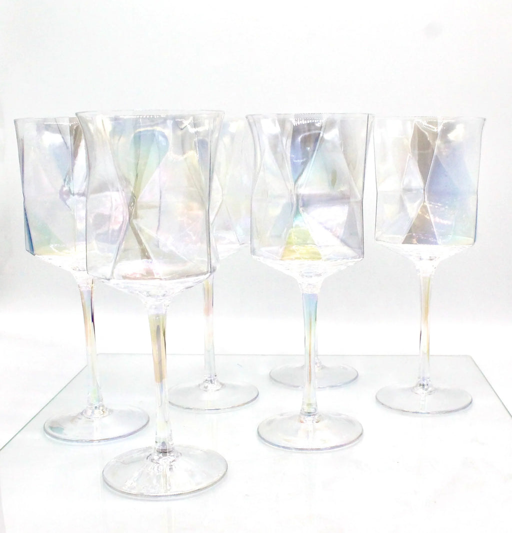Iridescent Geometric Crystal Wine Glasses Set of 2- Modern Stemware for Elegant Table Decor