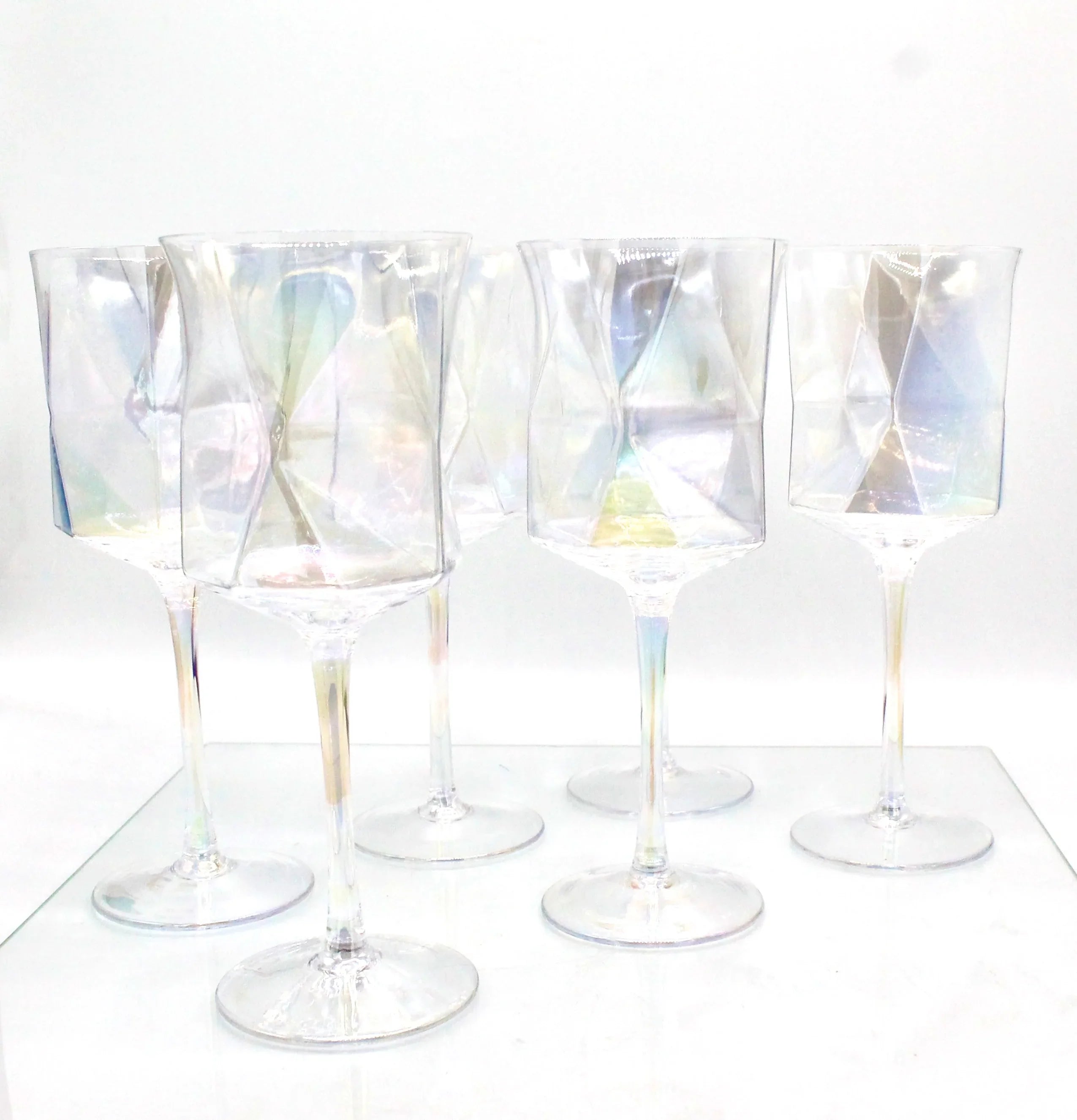 Iridescent Geometric Crystal Wine Glasses Set of 2- Modern Stemware for Elegant Table Decor
