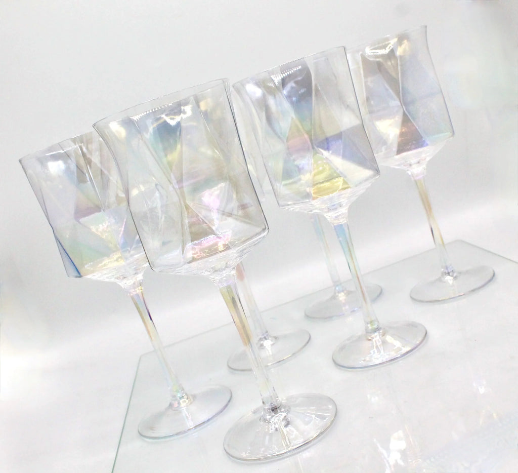 Iridescent Geometric Crystal Wine Glasses Set of 2- Modern Stemware for Elegant Table Decor