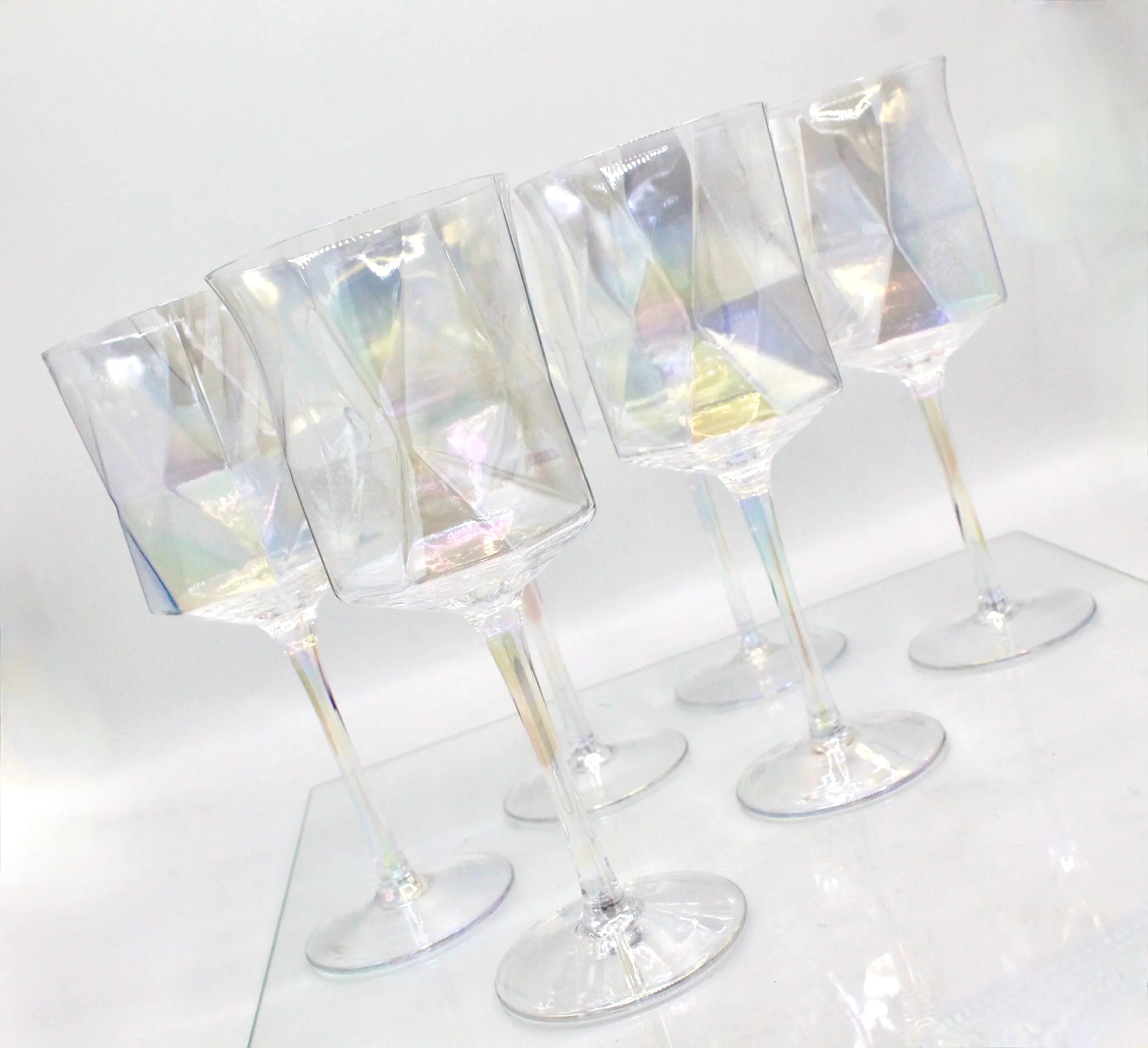 Iridescent Geometric Crystal Wine Glasses Set of 2- Modern Stemware for Elegant Table Decor