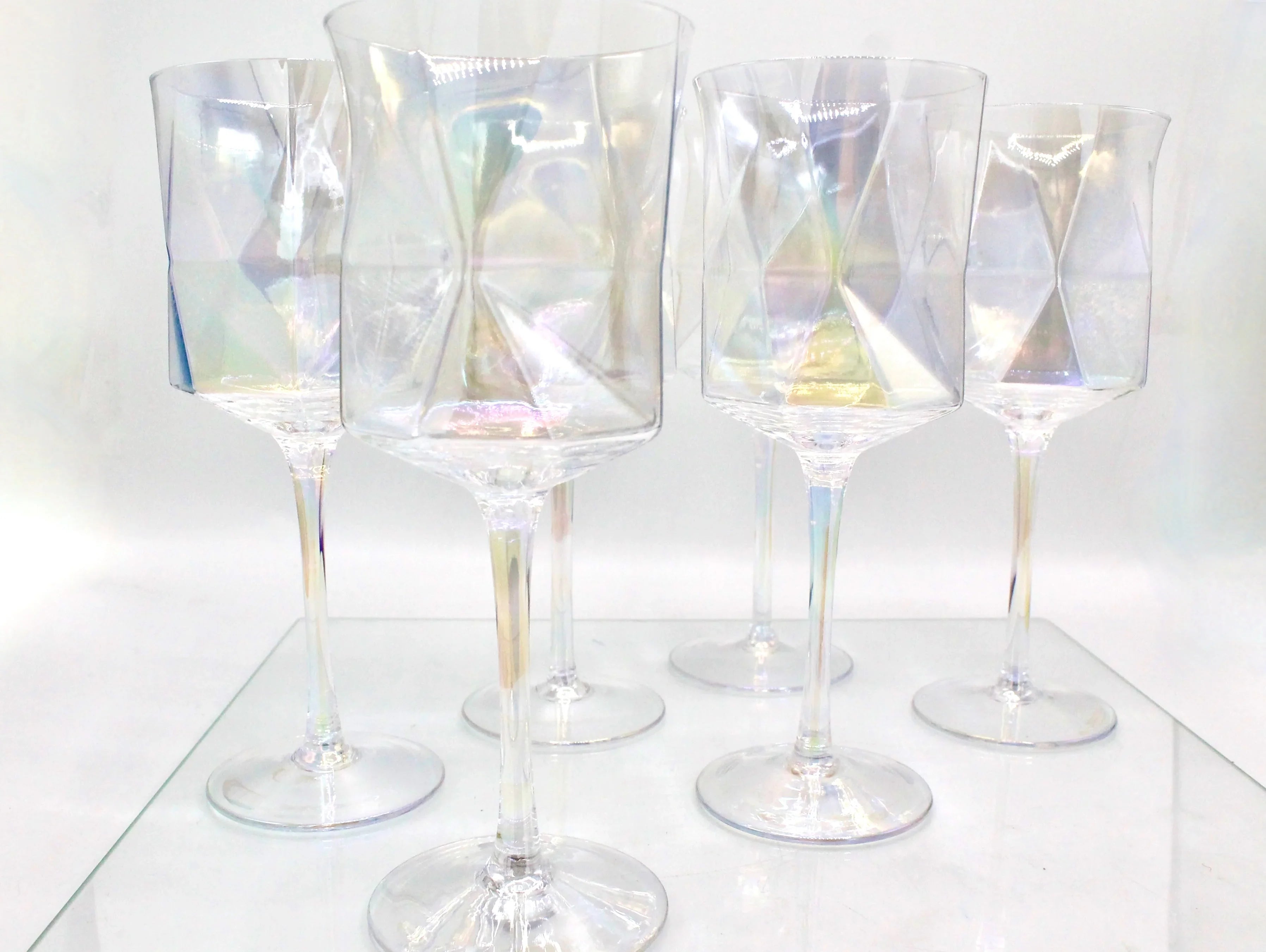 Iridescent Geometric Crystal Wine Glasses Set of 2- Modern Stemware for Elegant Table Decor