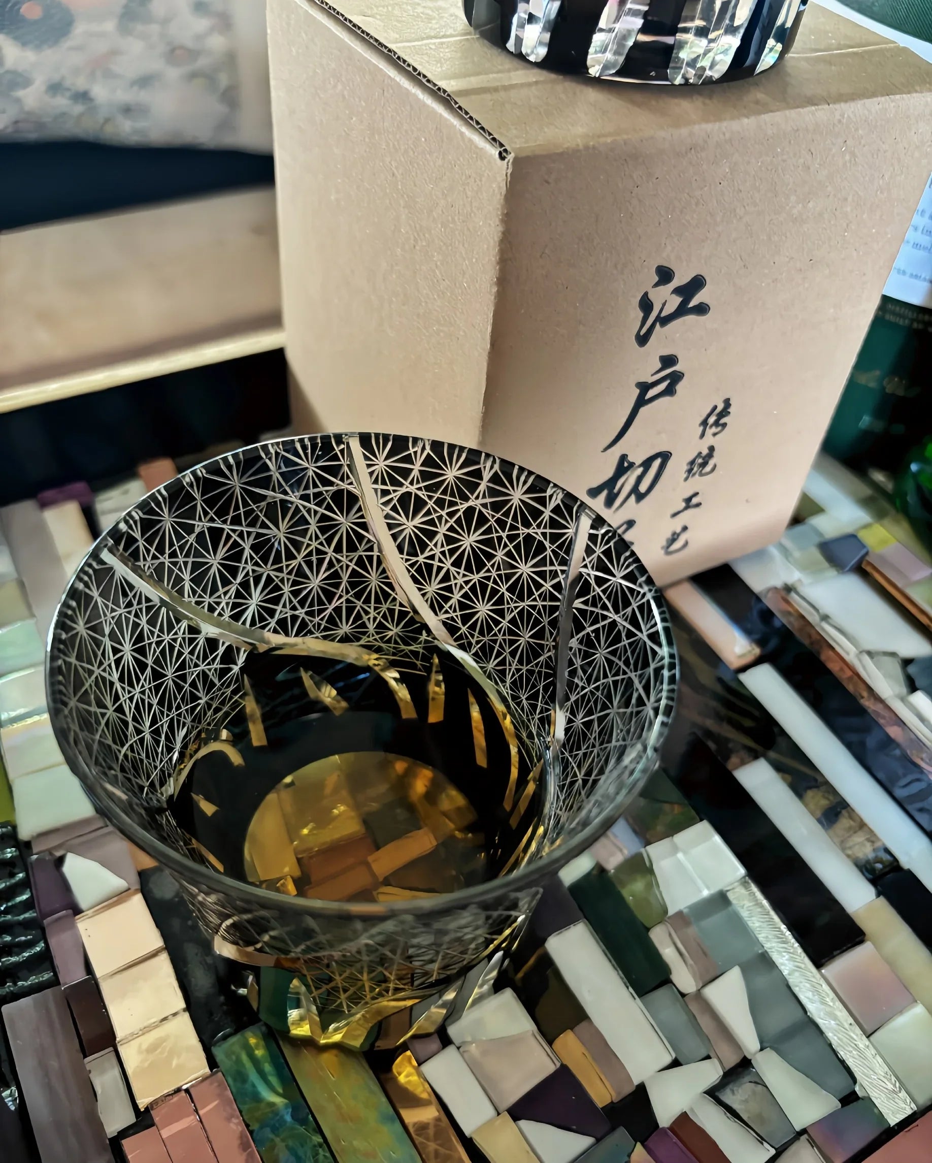 Traditional Japanese Style Crystal Hand Cut Glass in Black