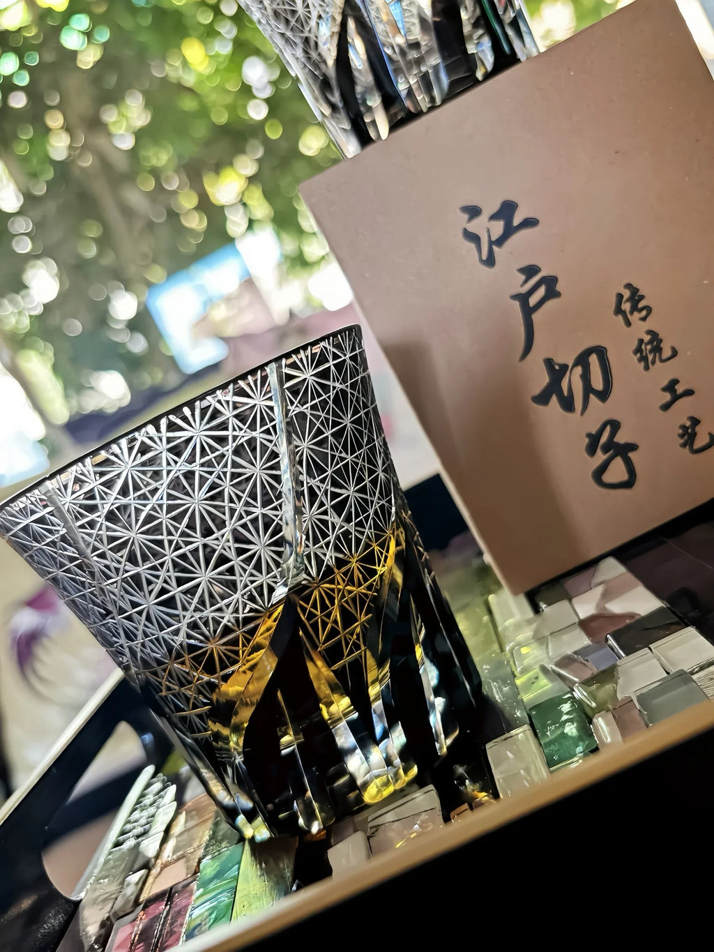 Traditional Japanese Style Crystal Hand Cut Glass in Black