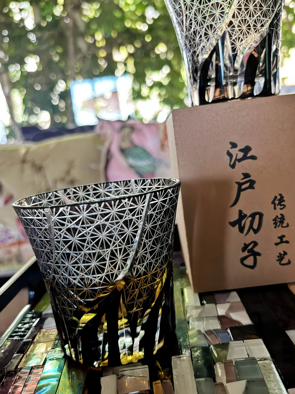 Traditional Japanese Style Crystal Hand Cut Glass in Black