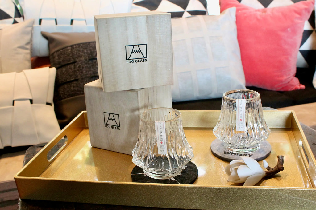 Edo Mt Fuji  Style Whiskey Glass: Japanese Crystal Rocks Glass in Wood Box