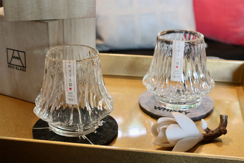 Edo Mt Fuji  Style Whiskey Glass: Japanese Crystal Rocks Glass in Wood Box