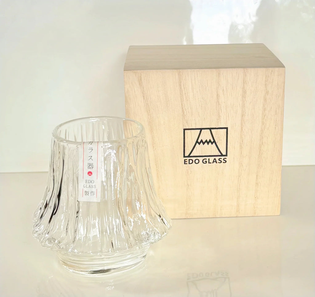 Edo Mt Fuji  Style Whiskey Glass: Japanese Crystal Rocks Glass in Wood Box