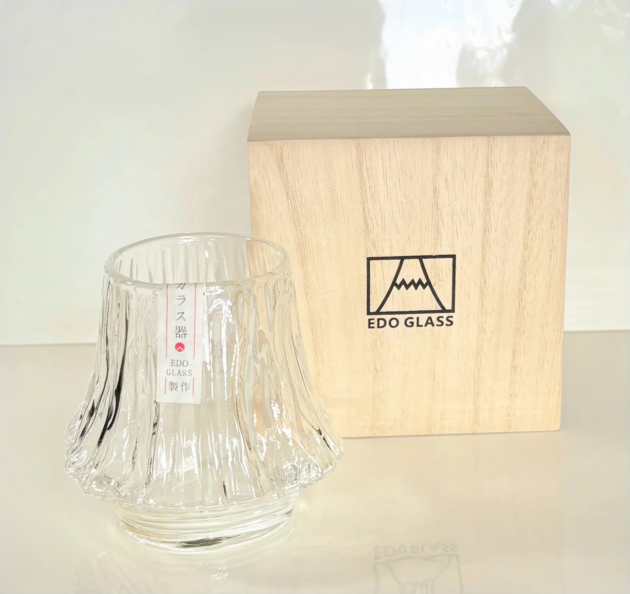Edo Mt Fuji  Style Whiskey Glass: Japanese Crystal Rocks Glass in Wood Box