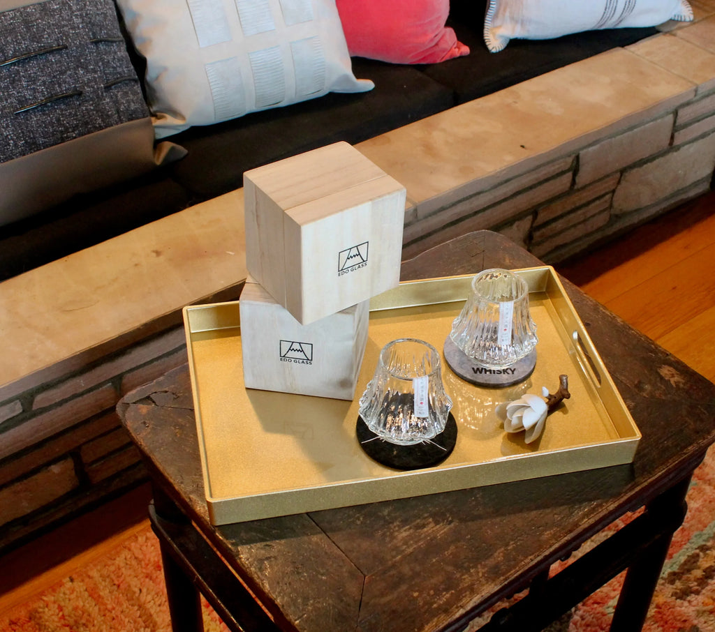 Edo Mt Fuji  Style Whiskey Glass: Japanese Crystal Rocks Glass in Wood Box