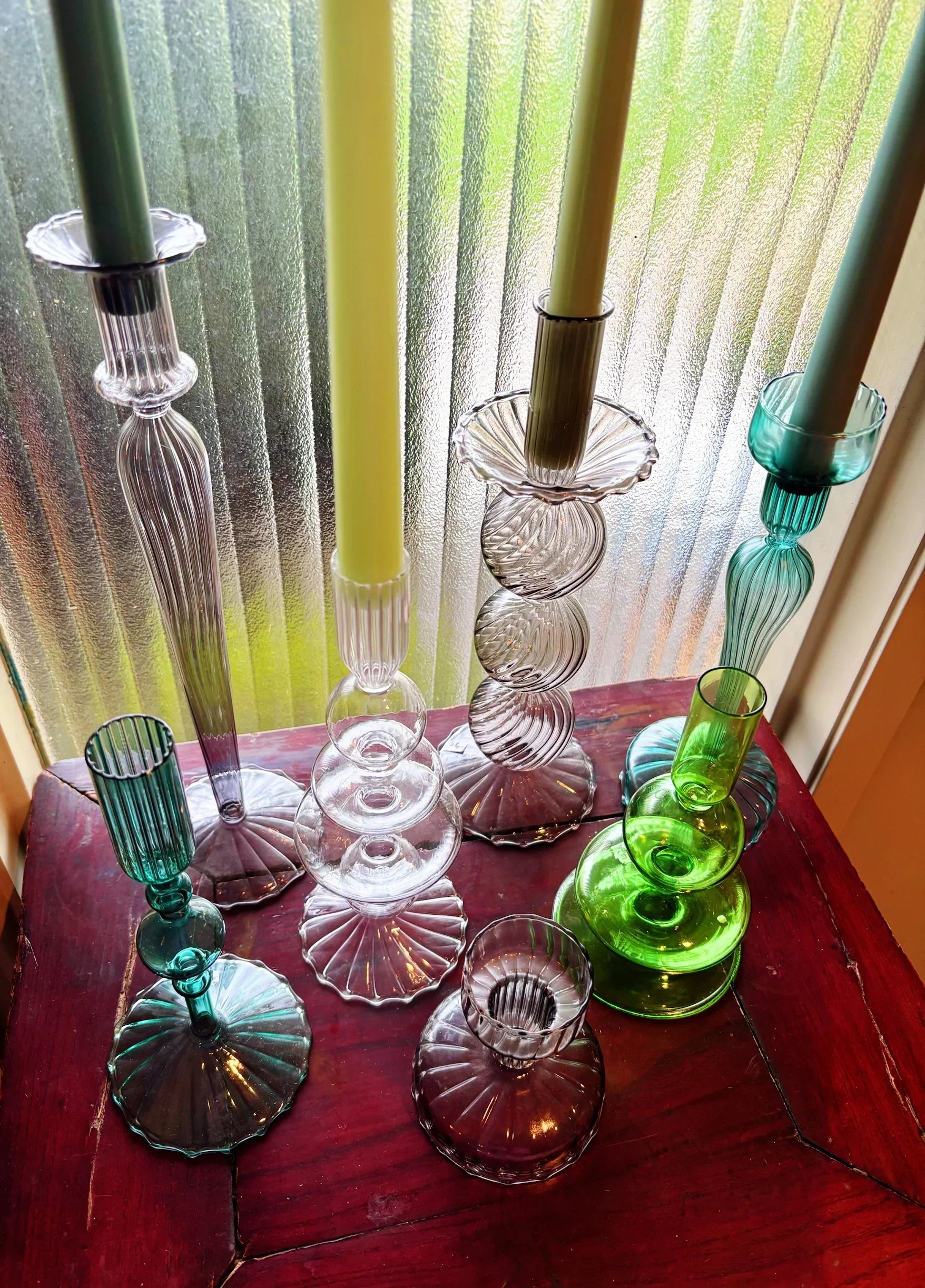 Turquoise & Green Glass Candelabra: Modern Coffee Table Centerpiece