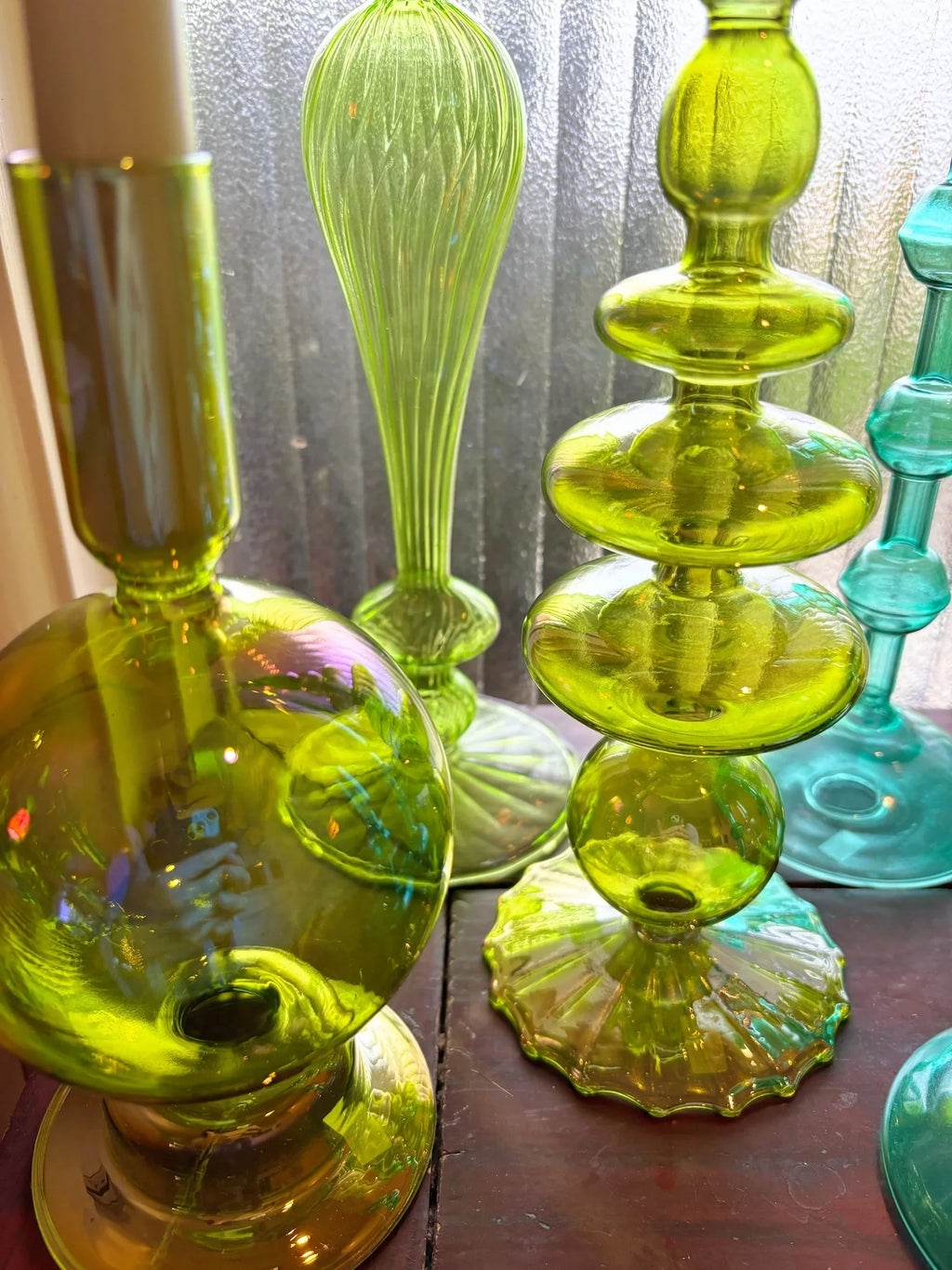 Turquoise & Green Glass Candelabra: Modern Coffee Table Centerpiece