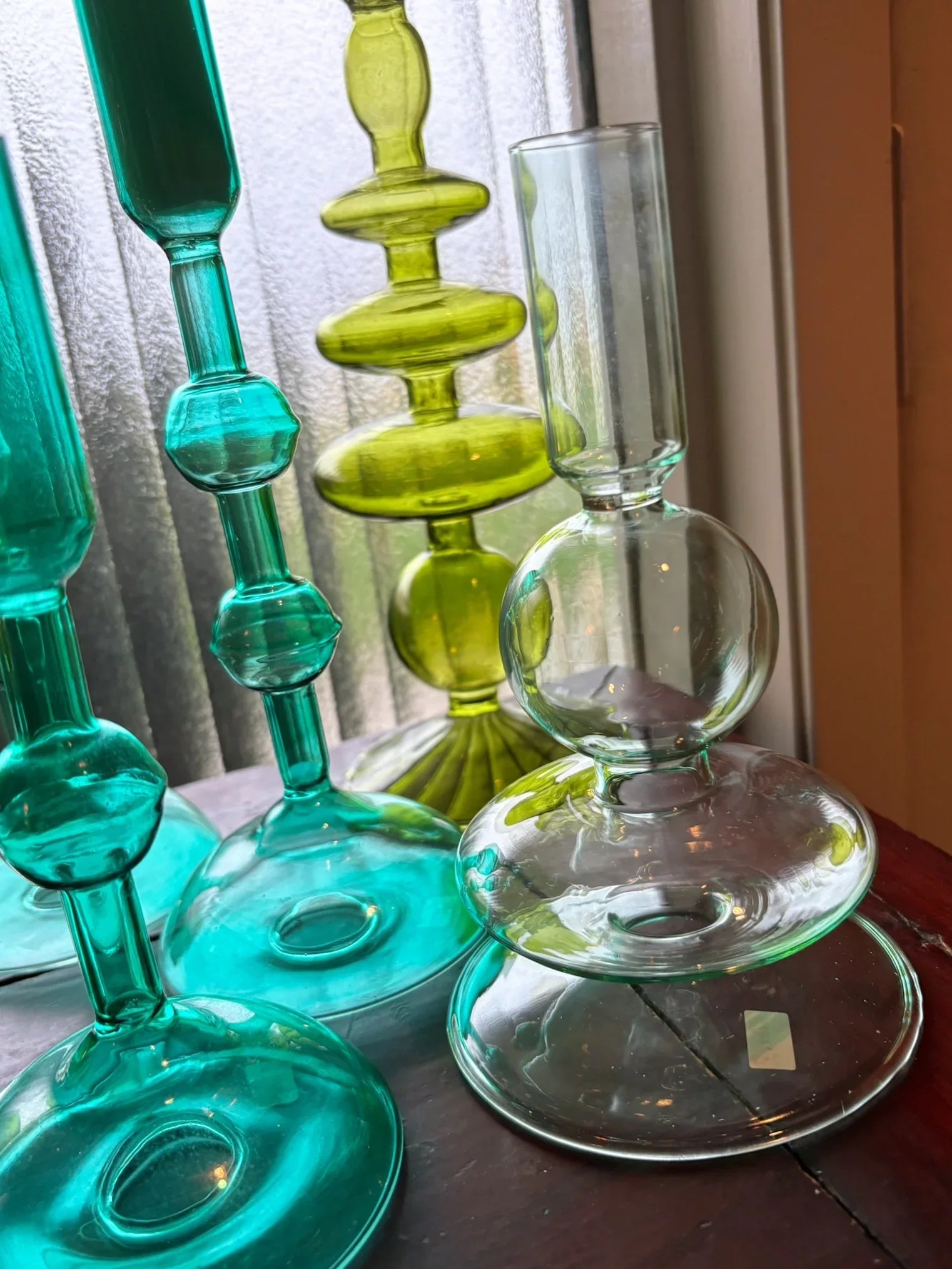 Turquoise & Green Glass Candelabra: Modern Coffee Table Centerpiece