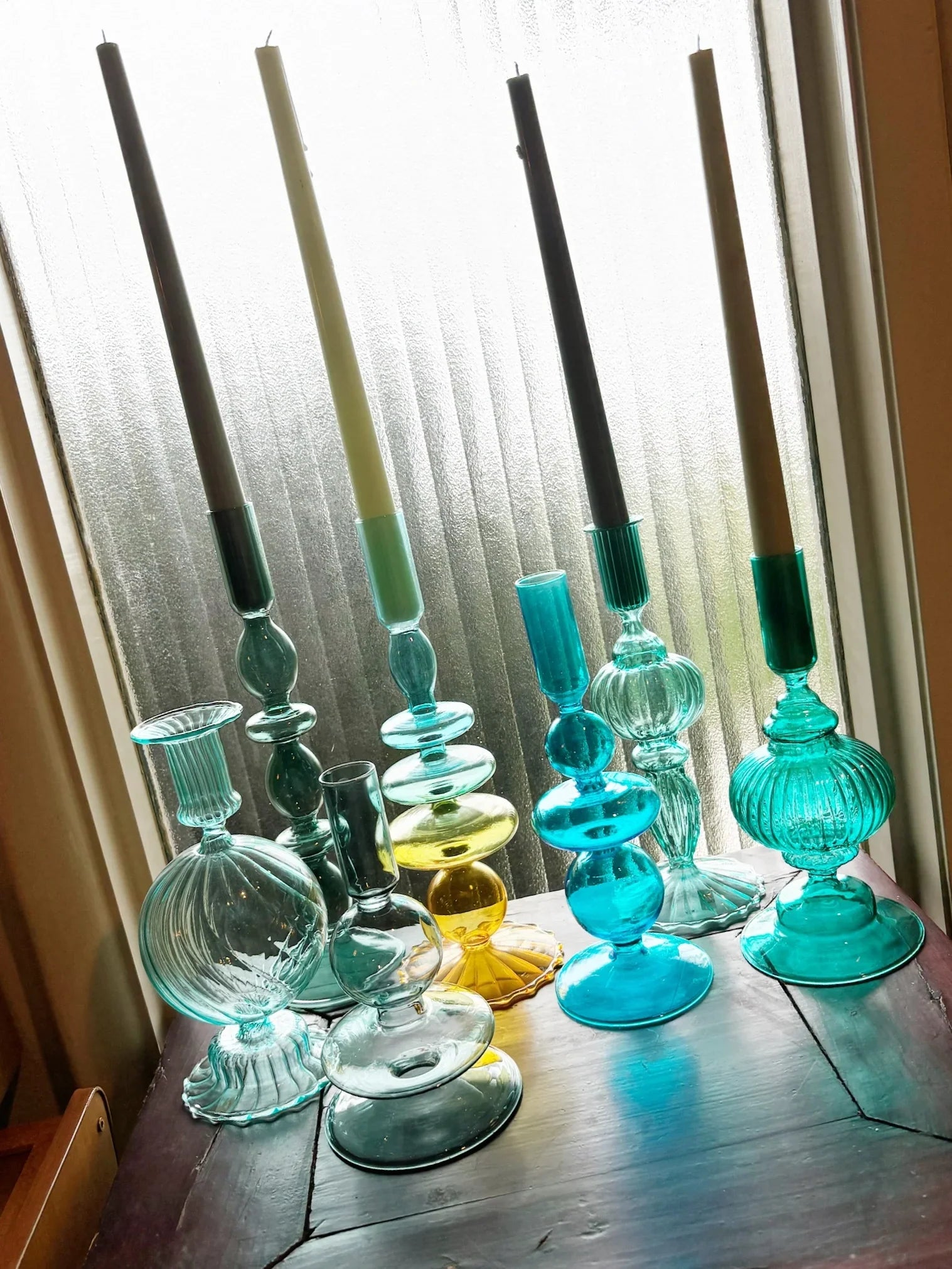 Turquoise & Green Glass Candelabra: Modern Coffee Table Centerpiece