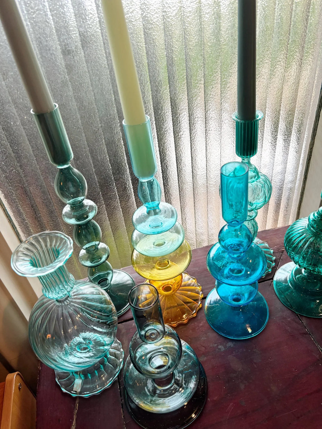 Turquoise & Green Glass Candelabra: Modern Coffee Table Centerpiece