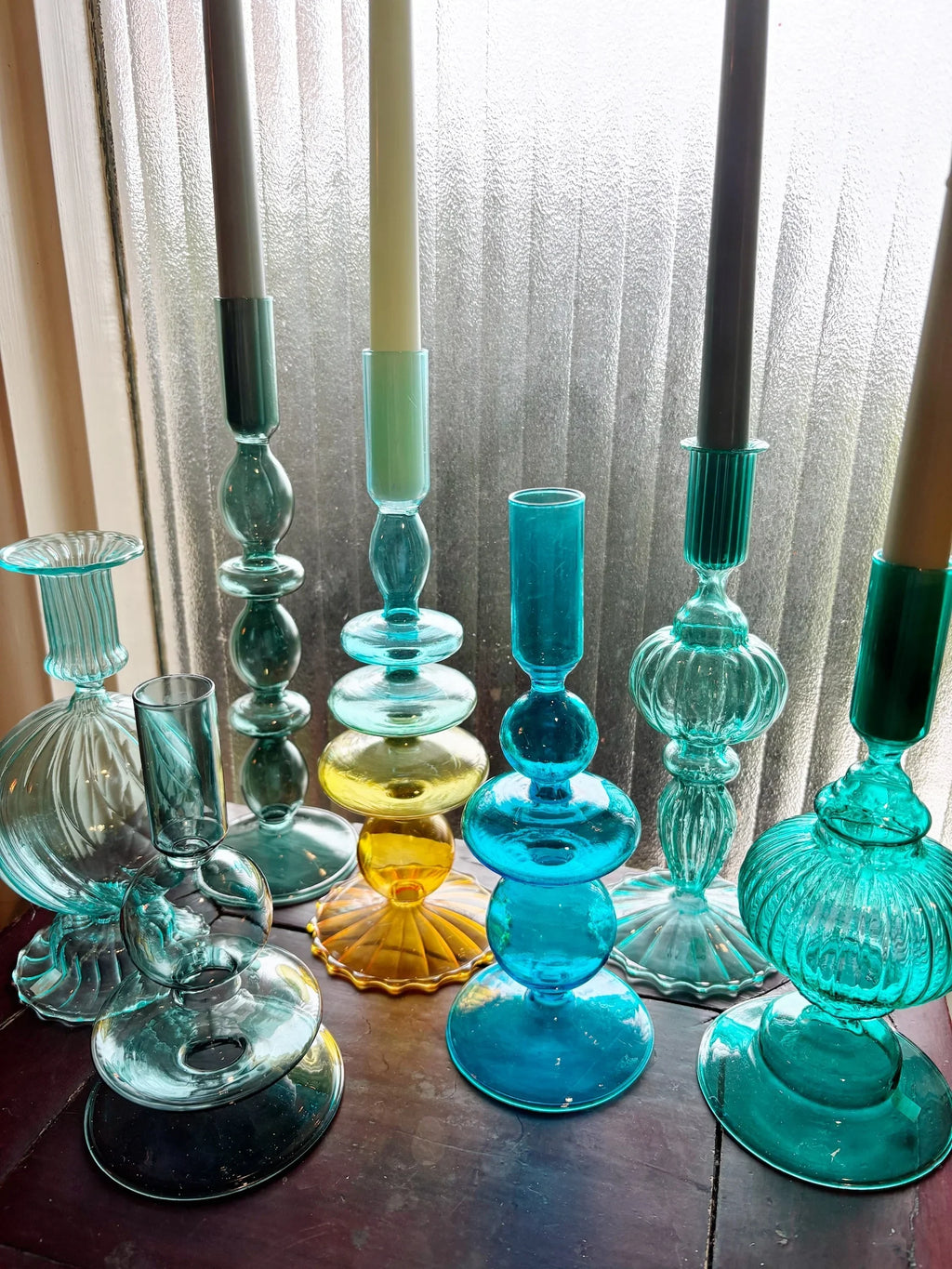 Turquoise & Green Glass Candelabra: Modern Coffee Table Centerpiece