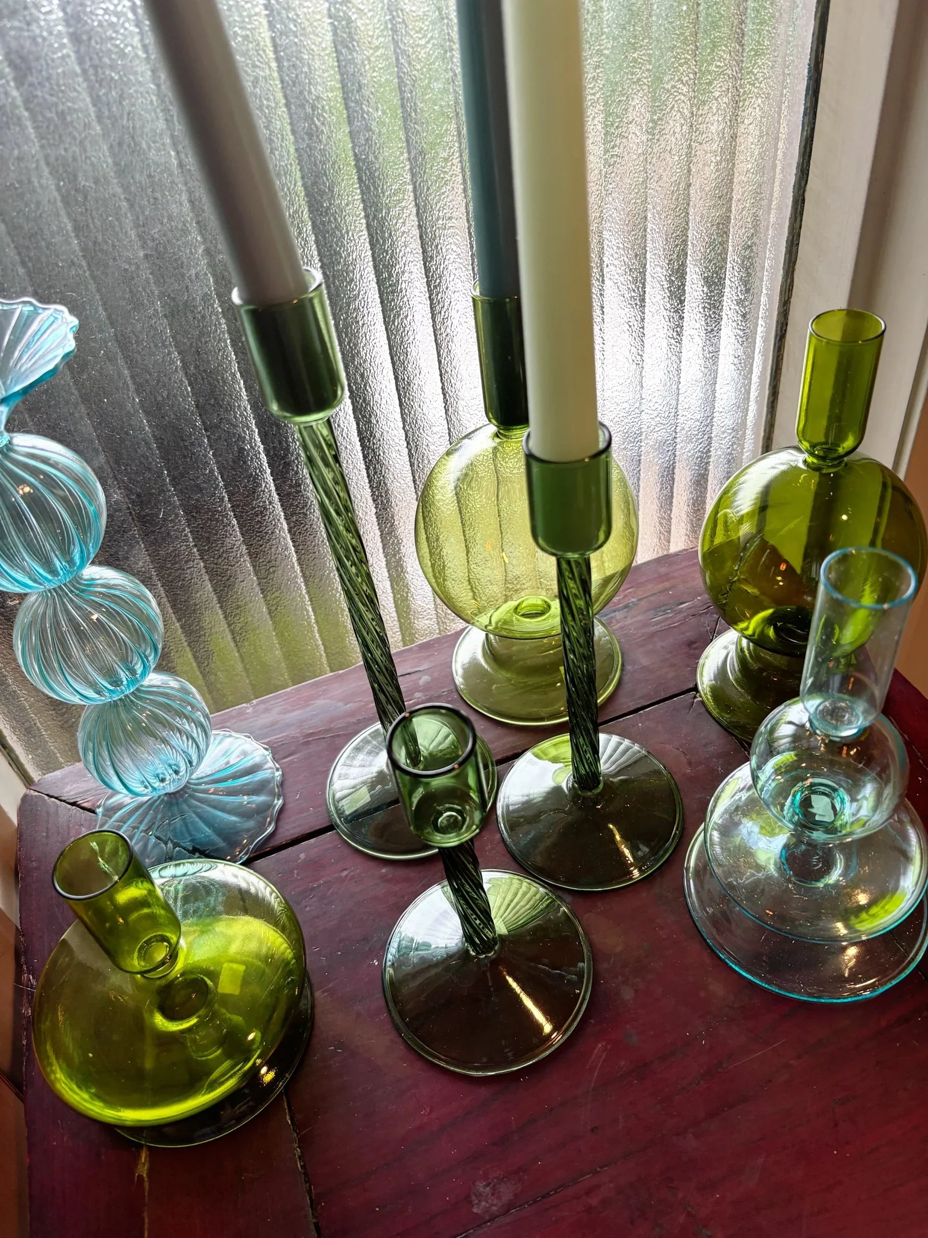 Turquoise & Green Glass Candelabra: Modern Coffee Table Centerpiece