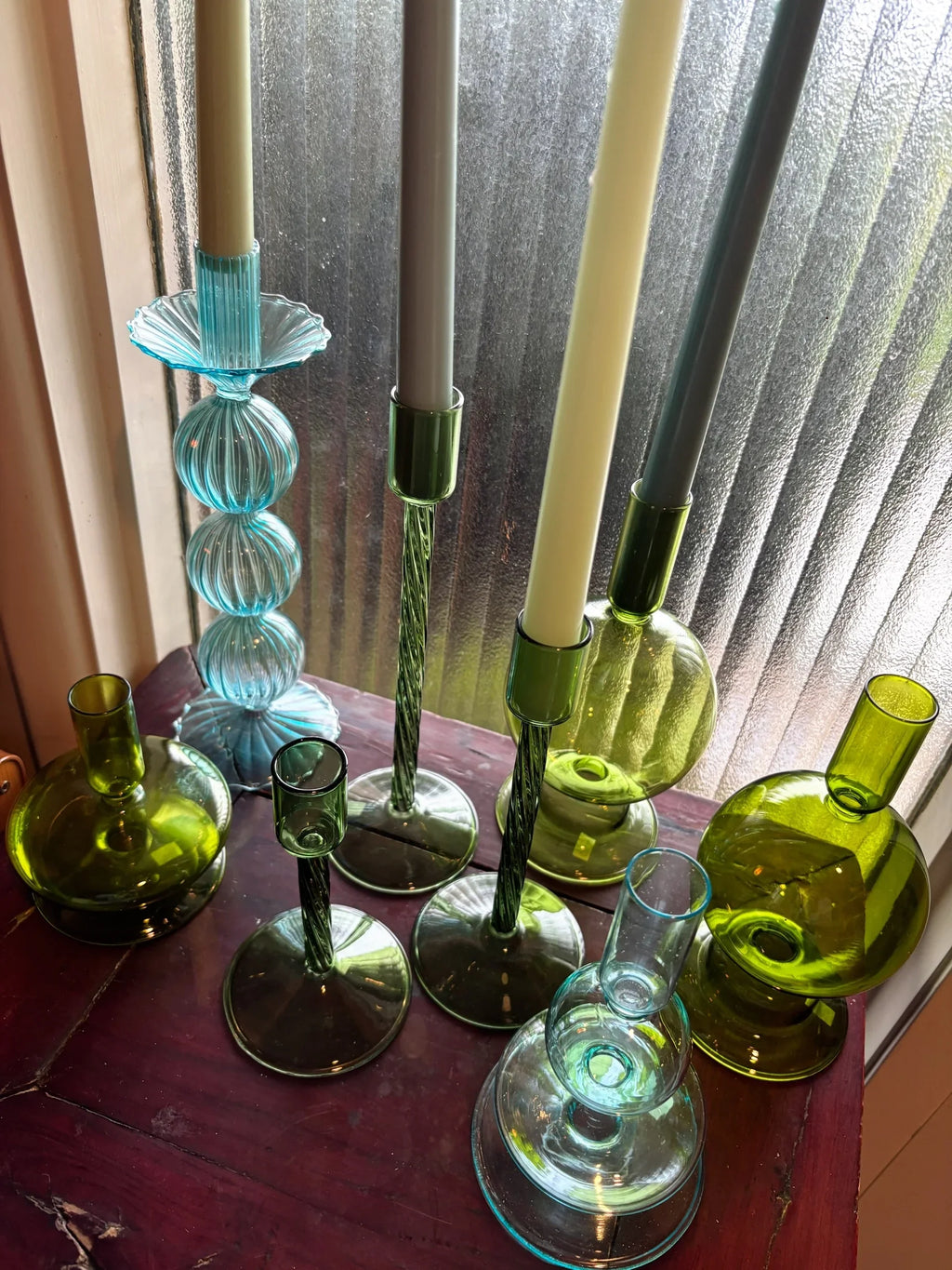 Turquoise & Green Glass Candelabra: Modern Coffee Table Centerpiece