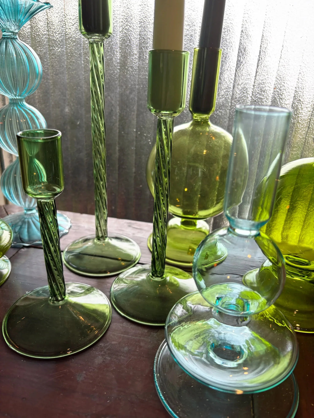 Turquoise & Green Glass Candelabra: Modern Coffee Table Centerpiece