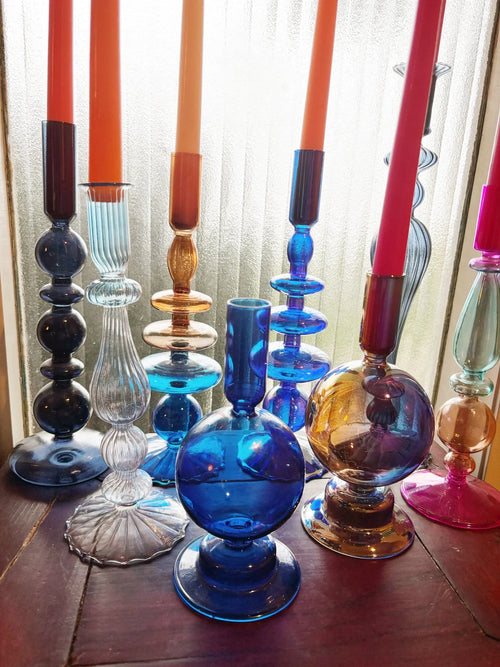 Cobalt Blue and Purple Glass Candlesticks for Romantic Coffee Table Decor