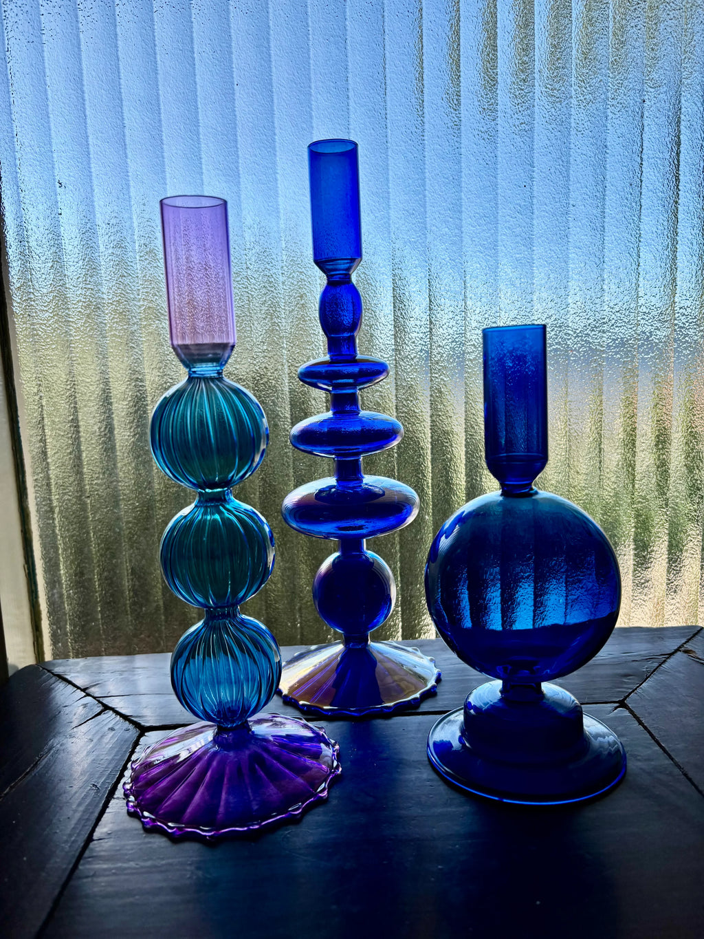 Cobalt Blue and Purple Glass Candlesticks for Romantic Coffee Table Decor