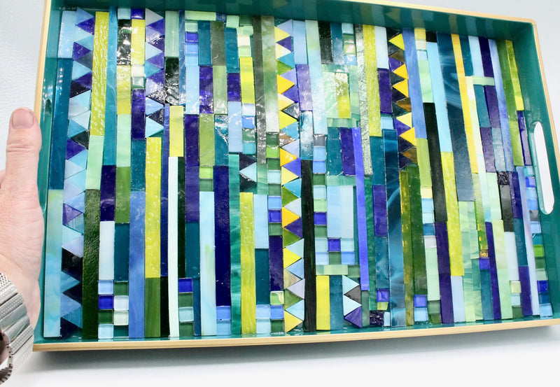 Handmade Large teal green Stained Glass Mosaic Tray - Arts & Crafts Style Home Decor-My House by Marine