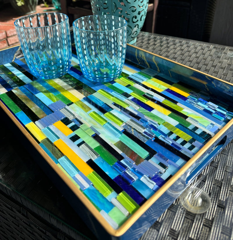 Handmade Large Blue/Green Stained Glass Mosaic Tray - Arts & Crafts Style Home Decor-My House by Marine