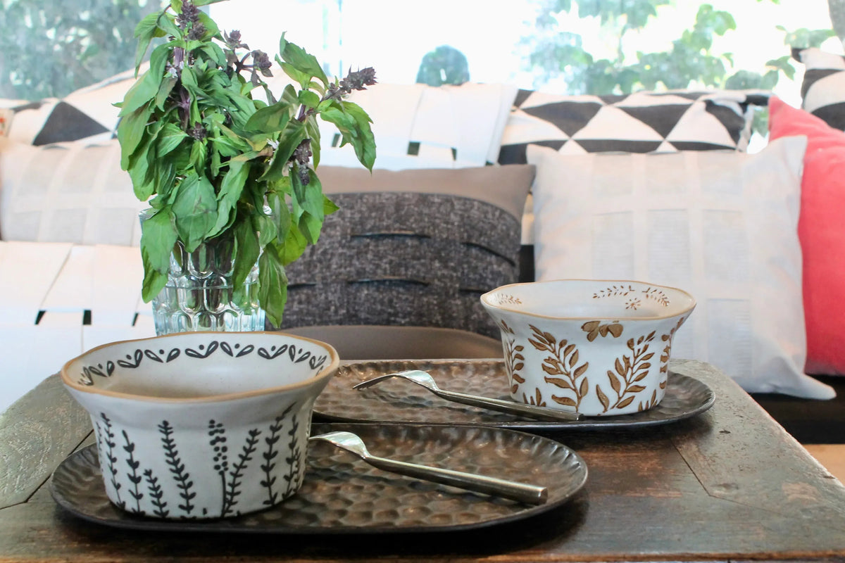 My House by Marine baking dish Whimsical Ceramic Baking Cup Beige with Floral Designs for Contemporary Farmhouse Decor