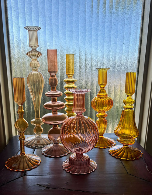 Bright Yellow, Pink and Red Glass Candlesticks for Romantic Coffee Table Decor