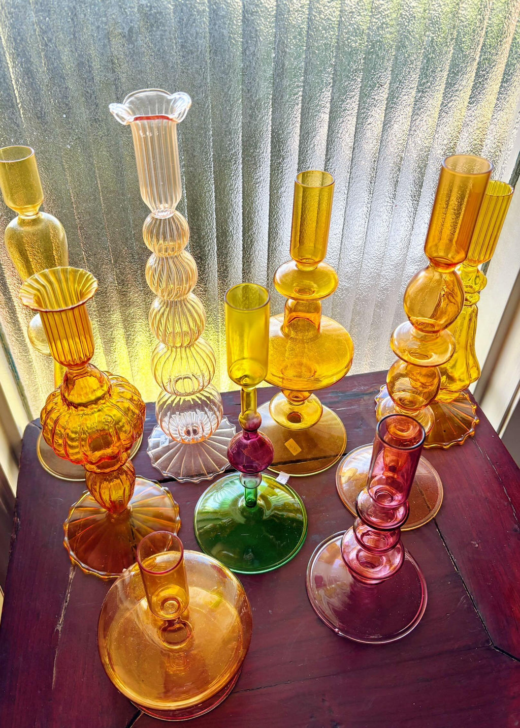 Bright Yellow, Pink and Red Glass Candlesticks for Romantic Coffee Table Decor
