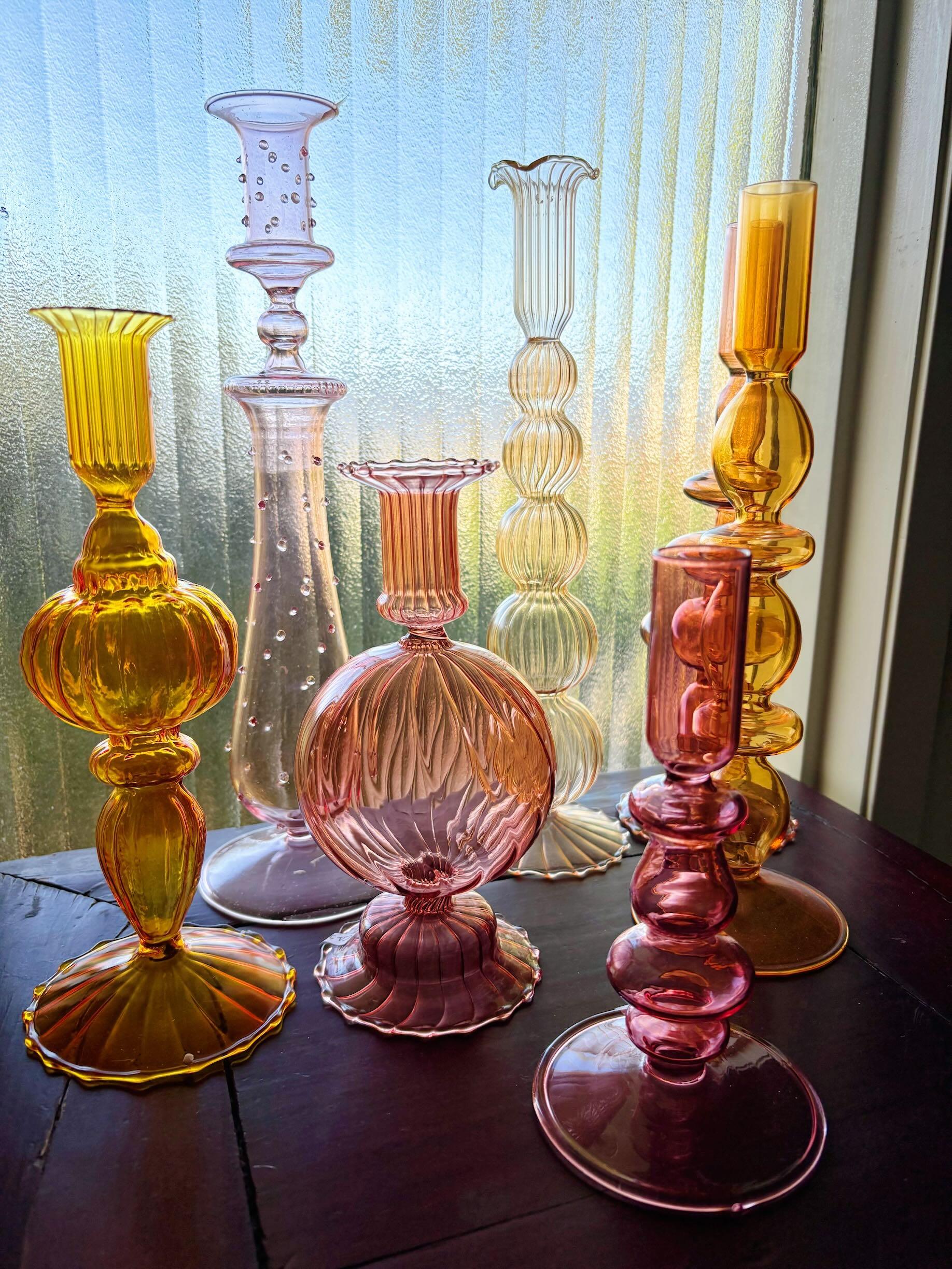 Bright Yellow, Pink and Red Glass Candlesticks for Romantic Coffee Table Decor