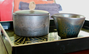 My House by Marine ceramic canister Handmade Ceramic Tea Canister: Wabi Sabi Decor with Seagrass Basket