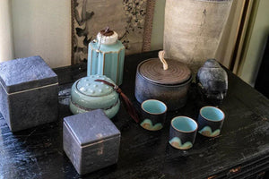 My House by Marine ceramic canister Handmade Ceramic Tea Canister: Wabi Sabi Decor with Seagrass Basket