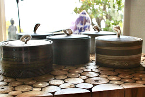 My House by Marine ceramic canister Handmade Ceramic Tea Canister: Wabi Sabi Decor with Seagrass Basket
