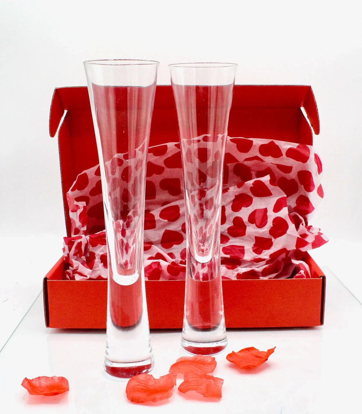 My House by Marine Champagne glasses Romantic Hand-Blown Crystal Champagne Flutes Set with Rose Petals in Elegant Red Box