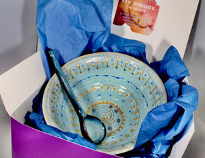 My House by Marine dining plates set Artisan Greek-Inspired Pale Blue Ceramic Fruit Bowl with Spoon - Handmade Antiquity Style Table Decor