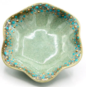 My House by Marine dining plates set GREEN-Turquoise & Gold Dots Hand Painted Porcelain Ring Dish: Wavy Trinket Plate with Gold Dots