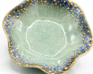 My House by Marine dining plates set GREEN-Mauve&GoldDots Hand Painted Porcelain Ring Dish: Wavy Trinket Plate with Gold Dots