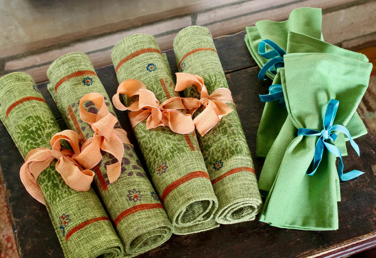 My House by Marine fabric placemats Sophisticated Set of Linen Placemats in Green Orange for Chic Dining
