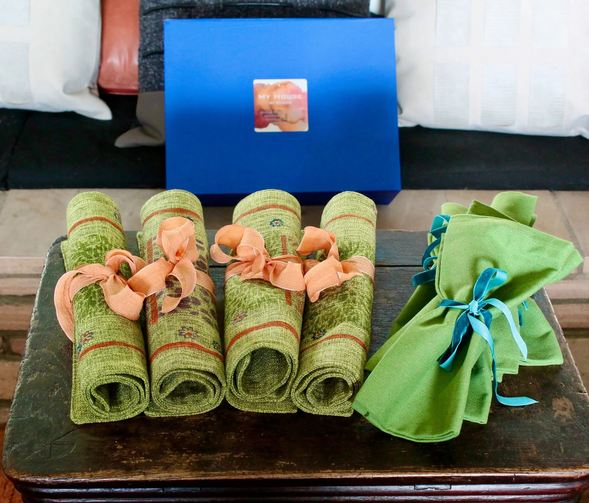 My House by Marine fabric placemats Sophisticated Set of Linen Placemats in Green Orange for Chic Dining