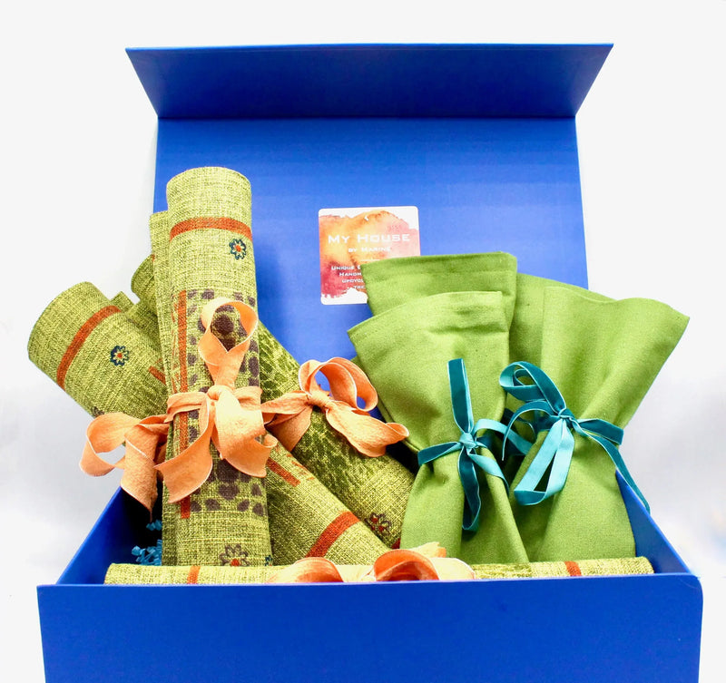 My House by Marine fabric placemats Sophisticated Set of Linen Placemats in Green Orange for Chic Dining