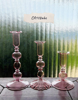 My House by Marine Glass Candleholders CA108a-Pale Pink Ornate Small Bright Yellow, Pink and Red Glass Candlesticks for Romantic Coffee Table Decor