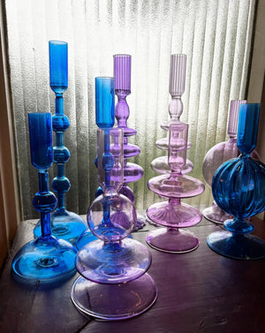 My House by Marine Glass Candleholders Cobalt Blue and Purple Glass Candlesticks for Romantic Coffee Table Decor