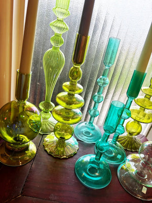 My House by Marine Glass Candleholders Turquoise & Green Glass Candelabra: Modern Coffee Table Centerpiece