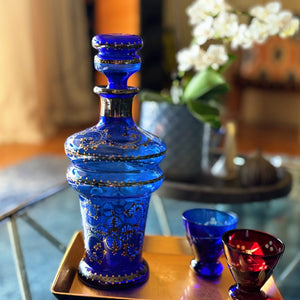 My House by Marine Glass decanters Vintage Cobalt Hand-Blown Decanter with Artisan Hand Painted Victorian Accents