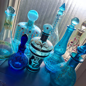My House by Marine Glass decanters Vintage Hand-Blown Blue Glass Decanters with Original Painted Decorations - Antique Bottle Art