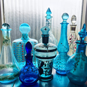 My House by Marine Glass decanters Vintage Hand-Blown Blue Glass Decanters with Original Painted Decorations - Antique Bottle Art